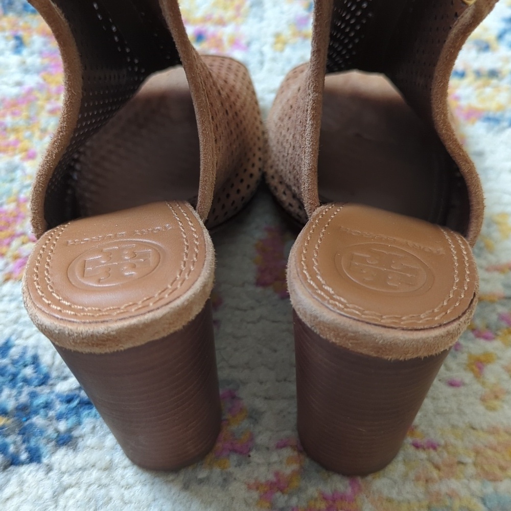 Tory Burch Jessie Perforated Suede Leather Peep Toe High Heel Booties Brown 6.5 - Picture 6 of 16